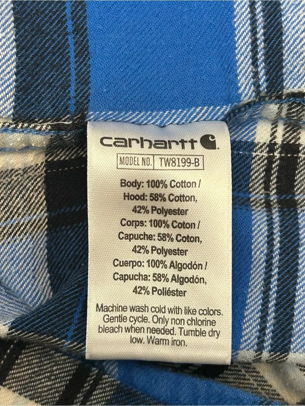 Carhartt Boys Hooded Flannel Shirt Size 7 Blue Plaid Button Down 100% Cotton